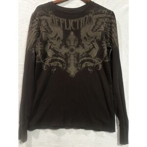 Affliction Winged Up Thermal Mens Medium Long Sleeve Brown Skull Wings Cross Y2K